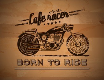 vector motorcycle inspirational, advertising poster. hand sketched illustration for retro cafe racer motorcycle on wood background. graphic bike logo for custom company, garage label, t-shirt print.