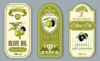 vector vintage style olive oil labels set. elegant design for olive oil packaging. only free fonts used. font names included in the layers