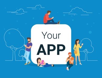 young men and women are standing near big mobile app symbol and using their smart phones, reading news and texting message to friends. flat concept illustration of white app blank on blue background