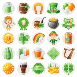 happy patrick day icon set, flat icons isolated white background. green beer, irish flag, shamrock clover, leprechaun hat, pot of gold, celtic cross, harp. northern ireland holiday vector illustration