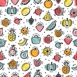 food background. doodle fruits and berries seamless pattern. vector illustration