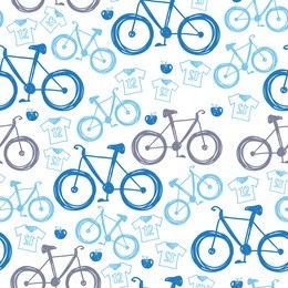 seamless blue bicycles pattern. color icons velocipede on white background
