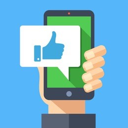 hand holding smartphone with like message on screen, like button. thumbs up icon. social network, social media usage on mobile device. concept for websites, web banner. flat design vector illustration