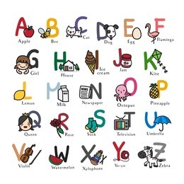 abc alphabet with cute cartoon for kids. hand drawn vector illustration isolated on white background.