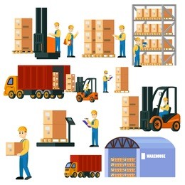 colorful logistic warehouse set with storage workers in different situations truck and forklift isolated vector illustration