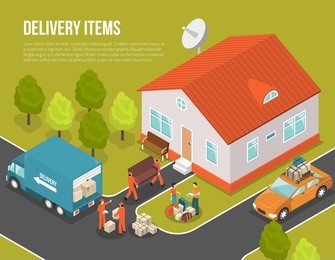 colored isometric delivery moving new settler illustration with truck near house and loaders hired to move vector illustration