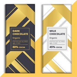 organic dark and milk chocolate bar design. choco packaging vector mockup. trendy luxury product branding template with label and geometric pattern