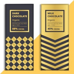 organic dark and milk chocolate bar design. choco packaging vector mockup. trendy luxury product branding template with label and geometric pattern