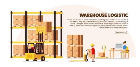 warehouse logistic background isometric objects car human forklift boxes workers vector eps 10
