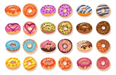 sweet donut set. the traditional culinary products isolated on pastries background. cartoon style vector illustration