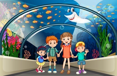 children visiting aquarium full of fish illustration