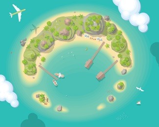 vector illustration. island top view. summer vacation. time to travel - sun, sea, island, sand, yacht, airplane, palm, clouds. (view from above)