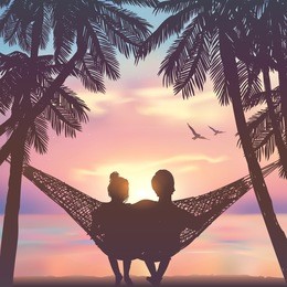 couple in love at the beach on hammock. inspiration for wedding, date, romantic travel cards. family