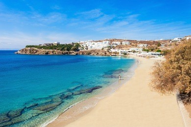 agios stefanos beach on the mykonos island, cyclades in greece.