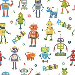 seamless pattern of cartoon robots in a white background