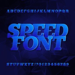 speed alphabet vector font. oblique slab serif letters and numbers. blue color on a dark polygonal background. vector typeface for your design.