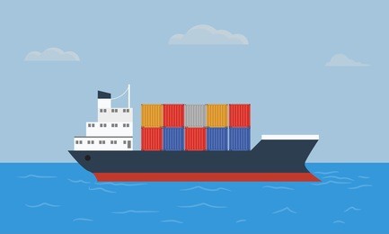 cargo container ship transports containers at the blue ocean. flat and solid color style vector illustration