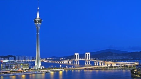 macau tower and bridge at night