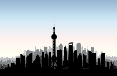 shanghai city skyline. chinese urban landscape. shanghai cityscape with landmarks. travel china background. vacation in asia wallpaper with buildings silhouette.