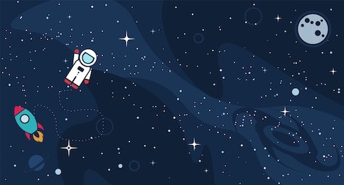 vector flat space design background with text. cute template with astronaut, spaceship, rocket, moon, black hole, stars in outer space