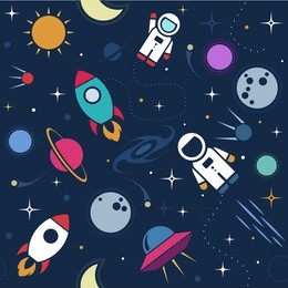 vector flat space seamless pattern background. cute template with astronaut, spaceship, rocket, moon, black hole, stars in outer space