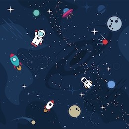vector flat space seamless pattern background. cute template with astronaut, spaceship, rocket, moon, black hole, stars in outer space