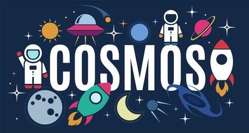 vector flat cosmos design background with text. cute template with astronaut, spaceship, rocket, moon, black hole, stars in outer space