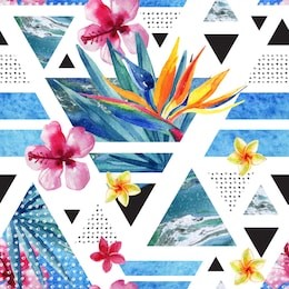 abstract summer geometric seamless pattern. triangles with watercolor tropical flowers, palm leaves, marble, grunge textures, doodles. water color exotic background. hand painted minimal illustration