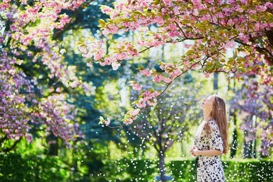 beautiful young woman enjoying sunny day in park during cherry blossom season on a nice spring day