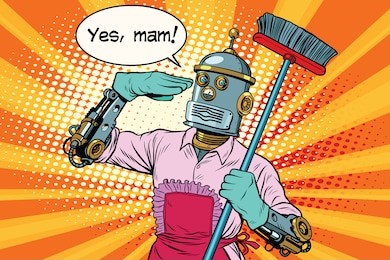 yes mam robot and cleaning the house. vintage pop art retro vector illustration. professional cleaning