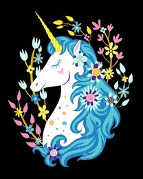 unicorn head isolated on background, colorful hand drawn vector illustration of magical animal with decorative flowers, isolated on background. design for label, apparel, greeting card. 