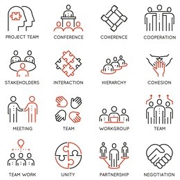 vector set of 16 linear quality icons related to team work, career progress and business process. mono line pictograms and infographics design elements 