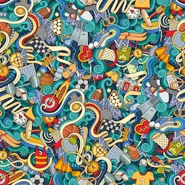 cartoon cute doodles hand drawn sport seamless pattern. colorful detailed, with lots of objects background. endless funny vector illustration. bright colors backdrop
