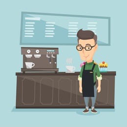 caucasian friendly barista sanding in front of coffee machine. barista at coffee shop. barista making a cup of coffee. vector flat design illustration. square layout.