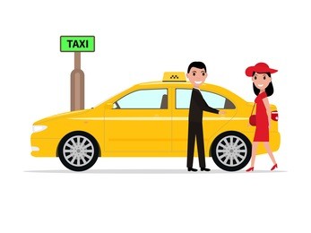 vector illustration of cartoon man taxi driver helps passenger woman to open the door. isolated white background. boy the girl opens the car door. concept transport of people. flat style, side view.