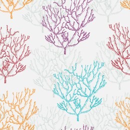 collection of marine plants, corals and seaweed. vintage seamless pattern with hand drawn marine flora. vector illustration in line art style.