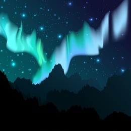 vector illustration of the northern lights over mountain panorama. north night landscape with starry sky. the nature of alaska, greenland, iceland, finland and canada. scene with aurora borealis
