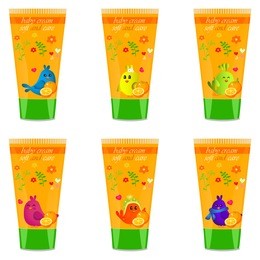 high quality original trendy vector baby cream tube with kids design and bird, orange illustration