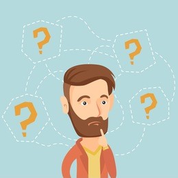 thinking business man standing under question marks. young caucasian hipster business man thinking. thinking business man surrounded by question marks. vector flat design illustration. square layout.