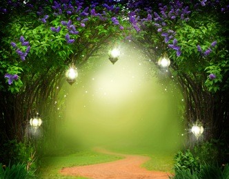 fantasy  background . magic forest with road.beautiful spring  landscape.lilac trees in blossom 