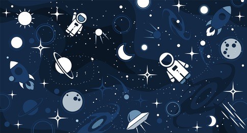 vector flat cosmos design background. cute template with astronaut, spaceship, rocket, moon, black hole, stars in outer space