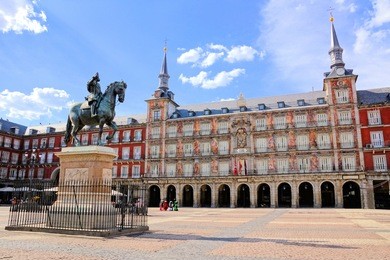 view of the famous plaza mayor with statue, madrid, spain