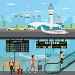 airport passenger terminal and waiting room. international arrival departures background vector illustration airplane infographic