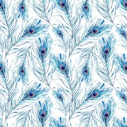 abstract watercolor seamless pattern with peacock feathers,  natural vintage watercolor illustration on white background