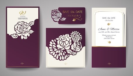 set of wedding floral invitation. template for laser cutting. vector illustration.