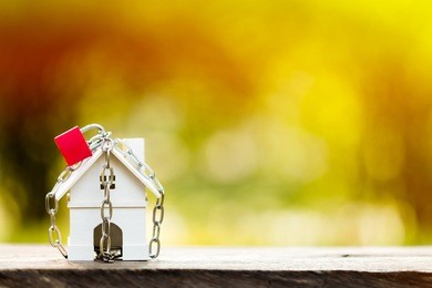 a house model with security and lock in public park, saving money for real estate and property protection concept.