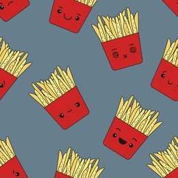 vector seamless pattern of emotional fries. cute fast food