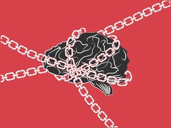 chained brain  on red background. brain with chain around like locked brain, represents a closed mind or brain injury.