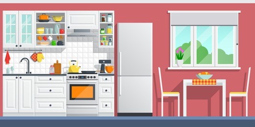 kitchen interior with table, stove, cupboard, dishes and fridge. flat home art vector illustration. indoor, kitchen appliances furniture, banner cooking cartoon style. culinary decorations room. 
