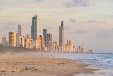 surfers paradise waterfront skyline as viewed from beach. modern cityscape beach landscape